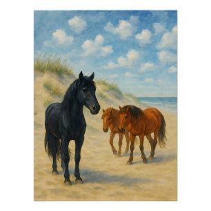 Wild Horses of Corolla North Carolina Watercolor Poster