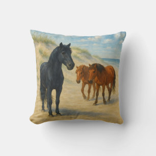 Wild Horses of Corolla North Carolina Watercolor Throw Pillow