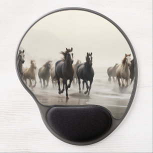 Wild horses on a foggy beach gel mouse pad