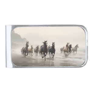 Wild horses on a foggy beach silver finish money clip