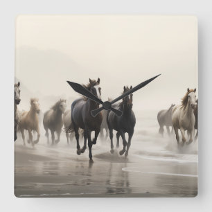 Wild horses on a foggy beach square wall clock