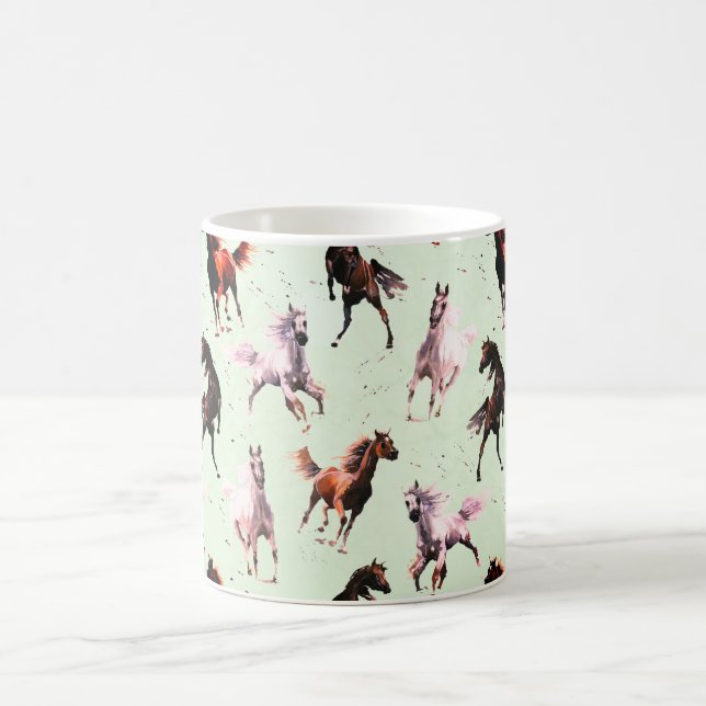Wild Horses on Green Background Coffee Mug (Center)
