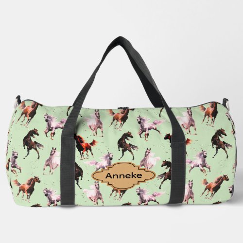 Wild Horses on Green Duffle Bag