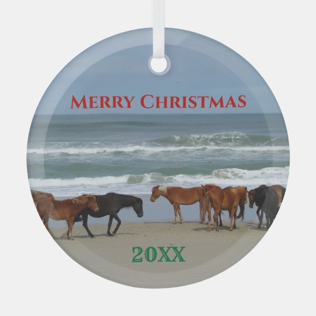 Wild Horses Outer Banks OBX Christmas Glass Ornament (Front)
