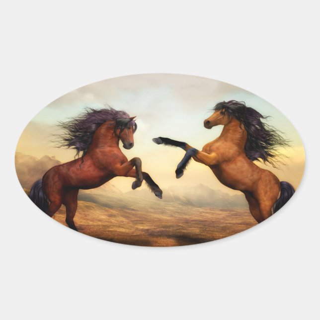 Wild Horses Rearing Oval Sticker (Front)