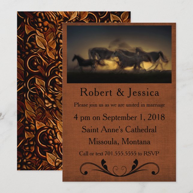 Wild Horses Running & Brown Background Western Invitation (Front/Back)