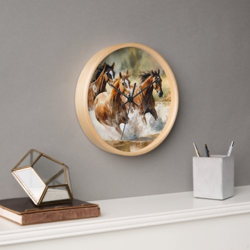 Wild Horses Running Brown Black Watercolor  Clock