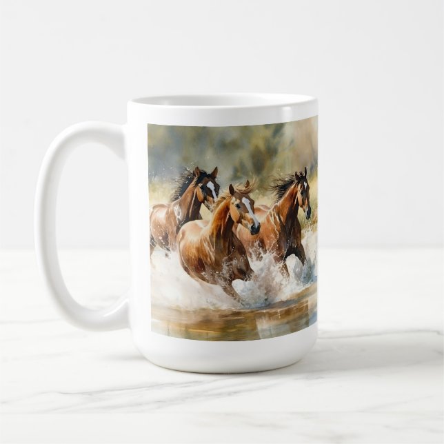 Wild Horses Running Brown Black Watercolor  Coffee Mug (Left)