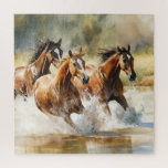 Wild Horses Running Brown Black Watercolor  Jigsaw Puzzle<br><div class="desc">Puzzle with a beautiful watercolor painting of 3 wild horses running through a stream of water.</div>