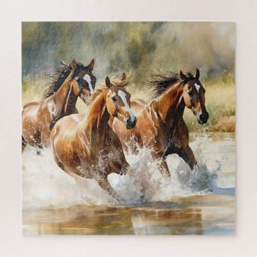 Wild Horses Running Brown Black Watercolor  Jigsaw Puzzle