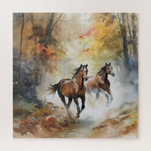 Wild Horses Running Forest Watercolor Jigsaw Puzzle