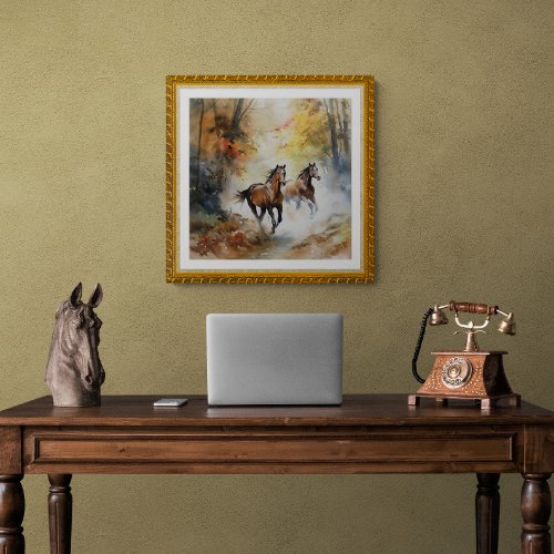 Wild Horses Running Forest Watercolor Poster