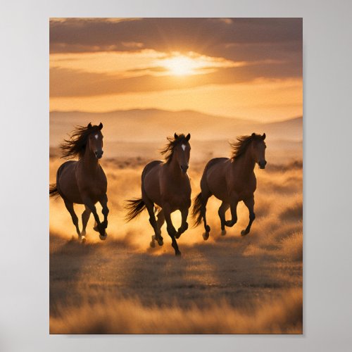 Wild horses running freely at sunset poster