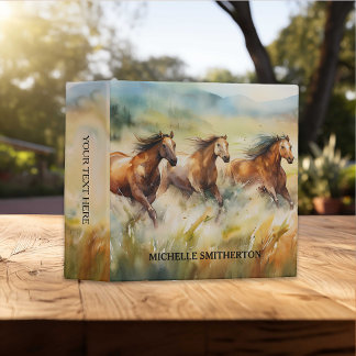 Wild Horses Running Grassy Fields Watercolor 3 Ring Binder
