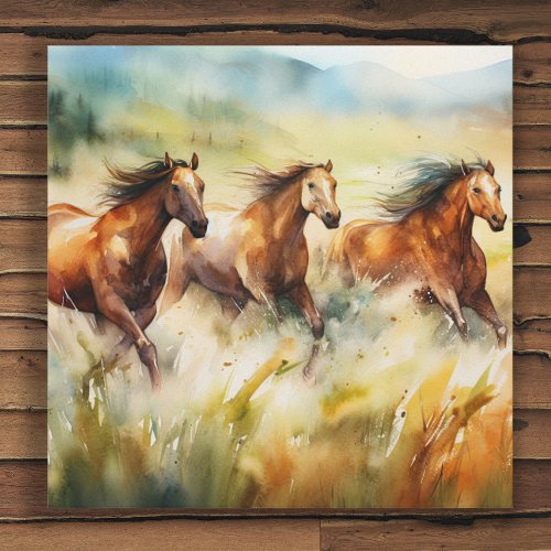 Wild Horses Running Grassy Fields Watercolor Canvas Print