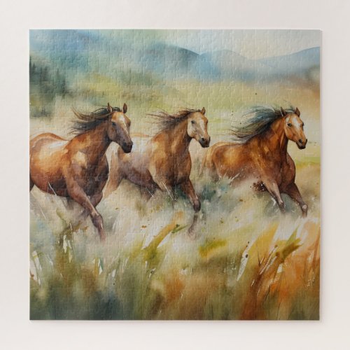 Wild Horses Running Grassy Fields Watercolor Jigsaw Puzzle