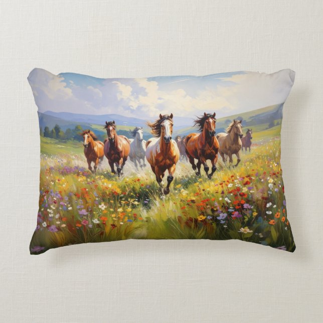 Wild Horses Running in a Wildflower Meadow Accent Pillow (Front)