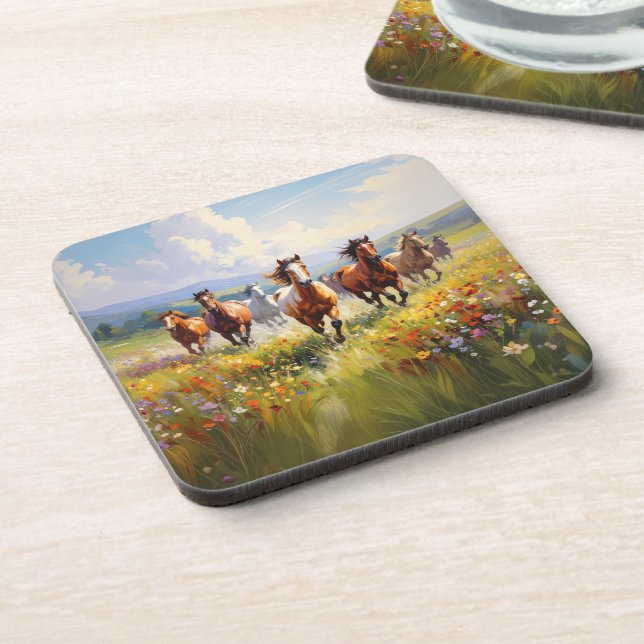 Wild Horses Running in a Wildflower Meadow Beverage Coaster (Left Side)