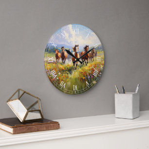 Wild Horses Running in a Wildflower Meadow Large Clock