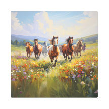 Wild Horses Running in a Wildflower Meadow