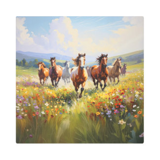 Wild Horses Running in a Wildflower Meadow Metal Print