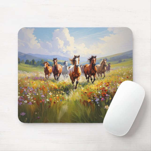 Wild Horses Running in a Wildflower Meadow Mouse Pad (With Mouse)