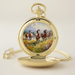 Wild Horses Running in a Wildflower Meadow Pocket Watch
