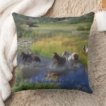 Wild Horses Running In Pasture Throw Pillow