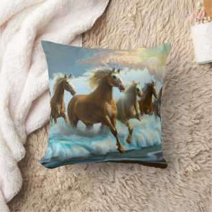 Wild Horses Running in the Ocean Surf  Throw Pillow