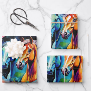 Wild Horses Running in Watercolor Desert Wrapping Paper Sheets