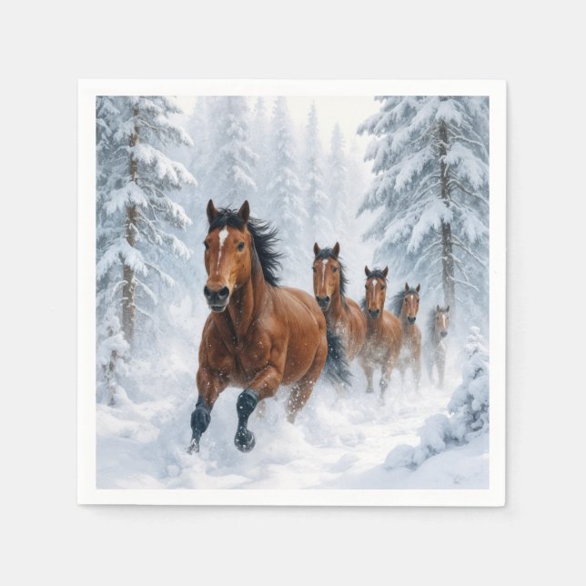 Wild Horses Running Through a Snowy Forest Napkins (Front)