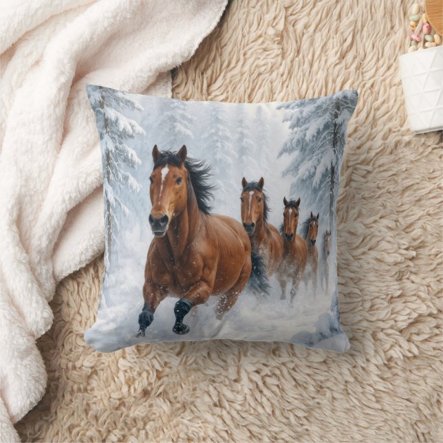 Wild Horses Running Through a Snowy Forest Throw Pillow (Blanket)
