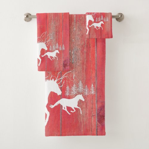 Wild Horses Rustic Red Barn Wood Bath Towel Set