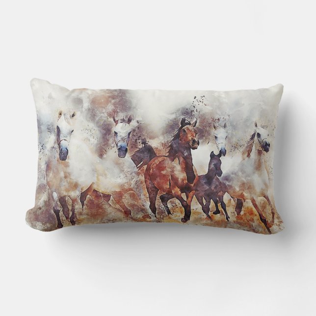 Wild Horses Watercolor Artwork Lumbar Pillow (Front)
