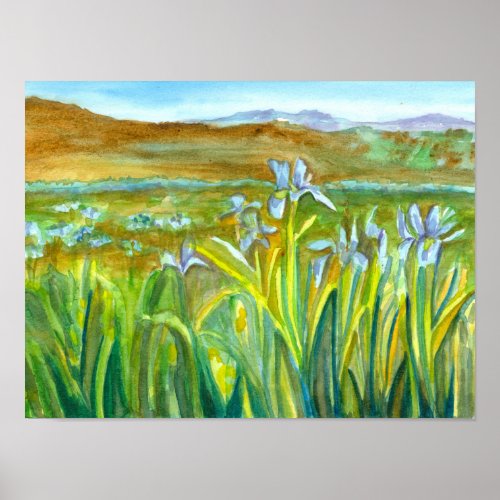 Wild Iris Wildflower Meadow Watercolor Painting Poster