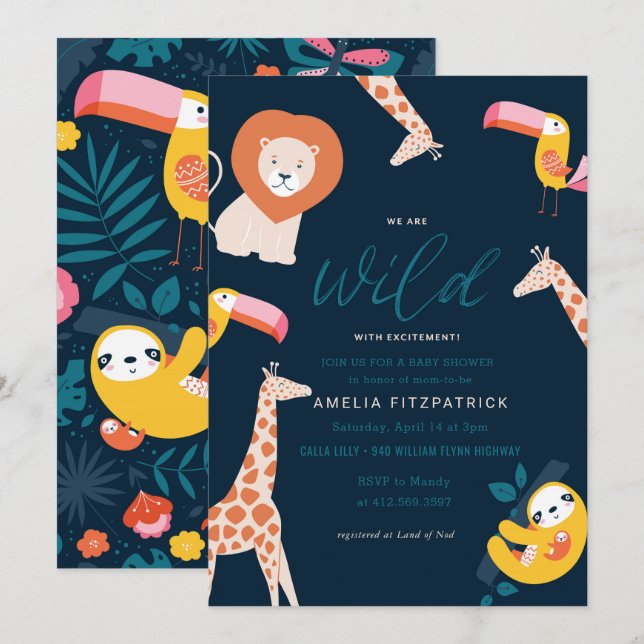 Wild Jungle Animal Baby Shower | Blue Invitation (Front/Back)