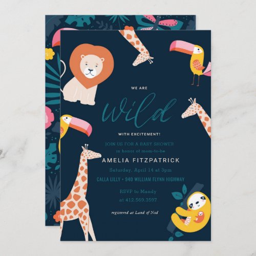 Wild Jungle Animal Baby Shower  Blue Invitation