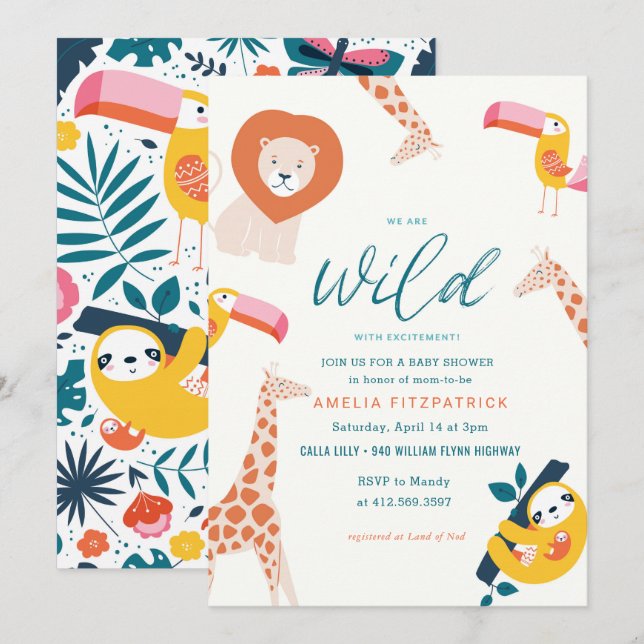 Wild Jungle Animal Baby Shower | White Invitation (Front/Back)