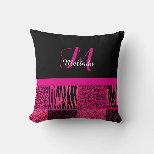 Wild Jungle Animal Patterns in Hot Pink | Monogram Throw Pillow (Front)