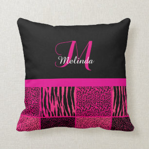 Wild Jungle Animal Patterns in Hot Pink Monogram Throw Pillow