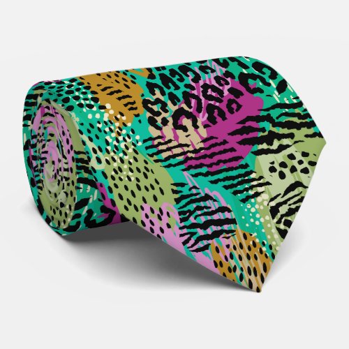Wild Jungle Animal Print on Bright Abstract Colors Neck Tie