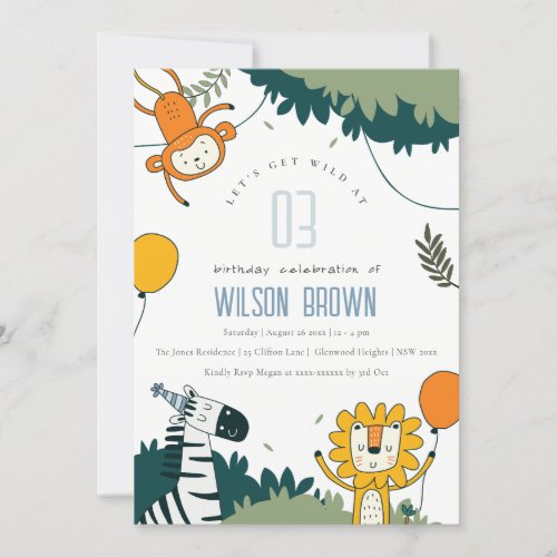 Wild Jungle Animals Kids Any Age Birthday Invite