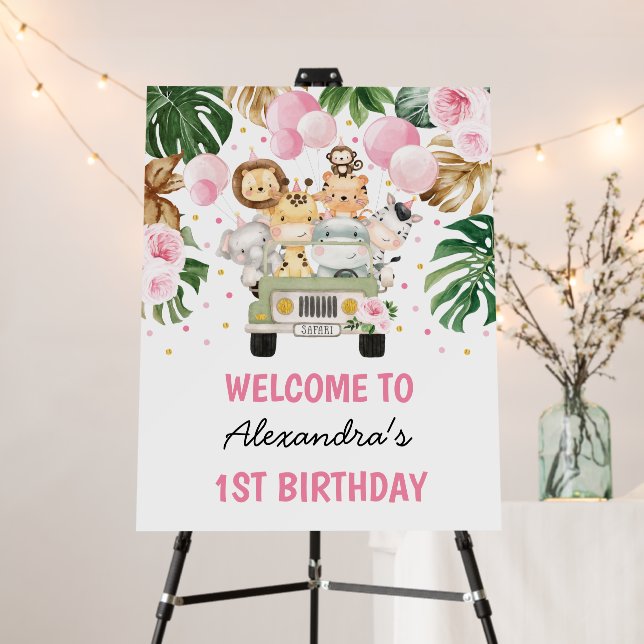 Wild Jungle Animals Pink Floral Birthday Welcome Foam Board (In Situ (Stand))