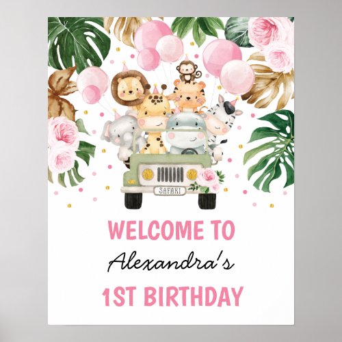 Wild Jungle Animals Pink Floral Birthday Welcome Poster