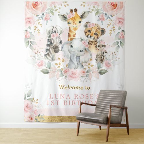 Wild Jungle Animals Pink Floral Birthday Welcome Tapestry