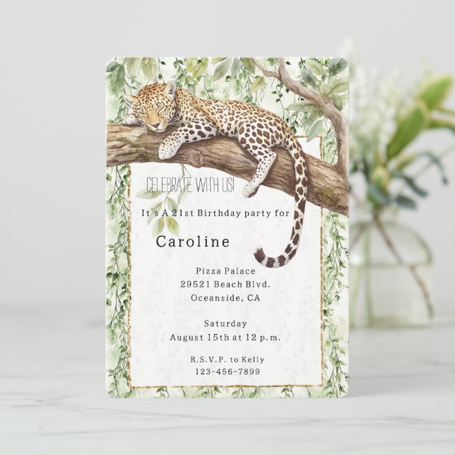 Wild Jungle Green Ivy Leopard Birthday   Invitation (Standing Front)