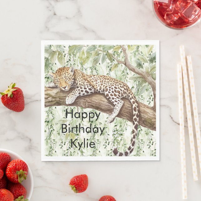 Wild Jungle Green Ivy Leopard Birthday Napkins (Insitu)