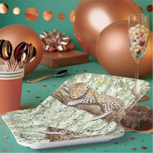 Wild Jungle Green Ivy Leopard Birthday Paper Plates