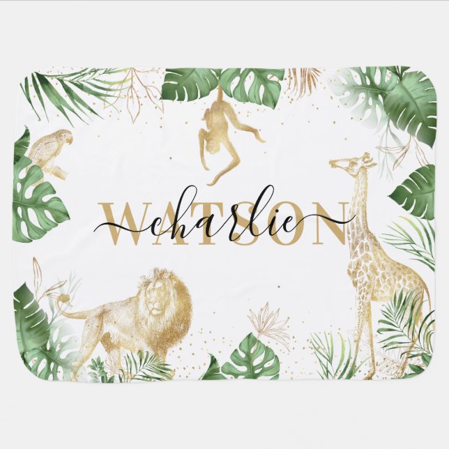 Wild Jungle Greenery & Gold Animal Personalized Baby Blanket (Horizontal)