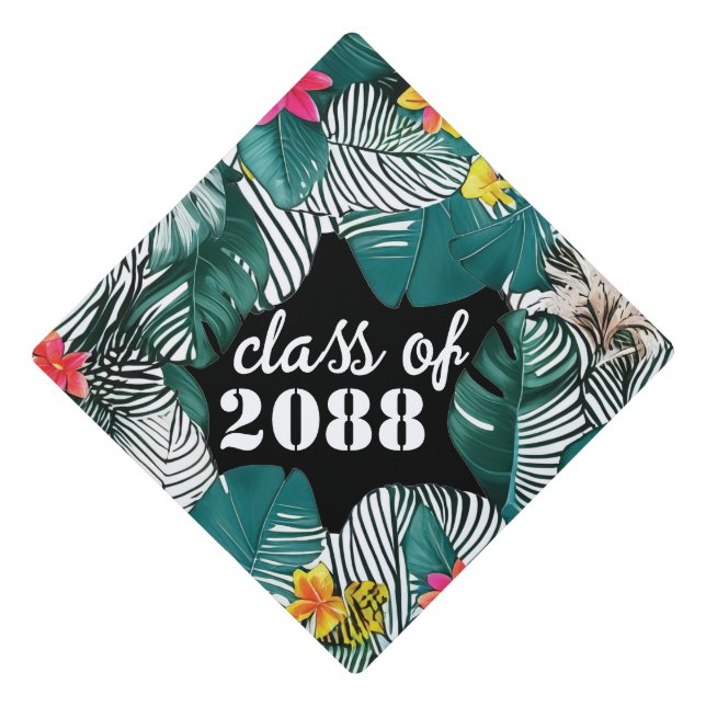 Wild Jungle Leaves Pink Yellow Hibiscus Flowers Graduation Cap Topper (Front)